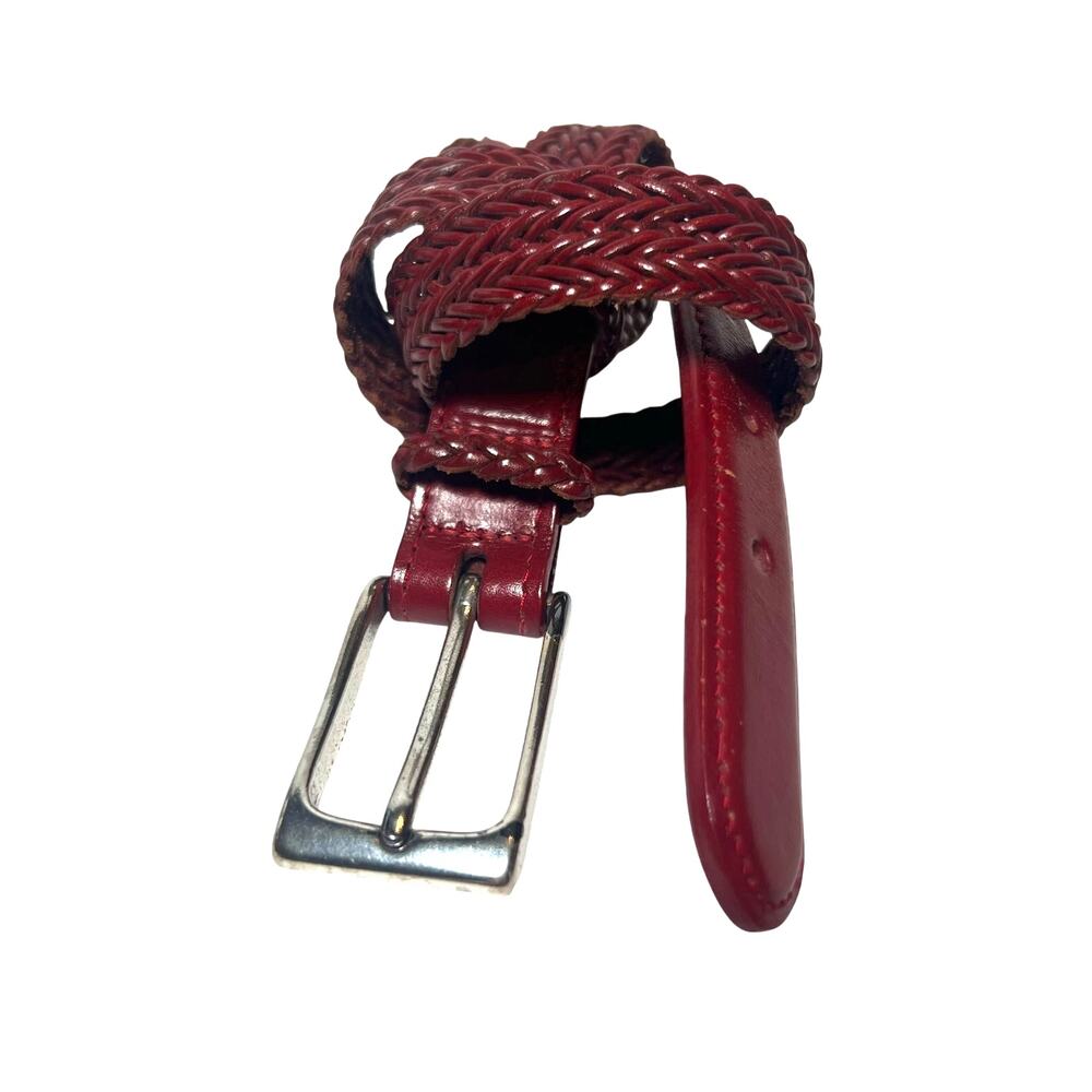 Lands End Leather Braided Skinny Belt Size Small Classic Red Woven Brass Buckle
